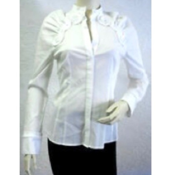 BCBGMAXAZRIA Ivory Rosette Fitted Dress Shirt Size L - Picture 4 of 12